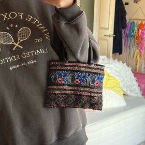 Floral Embroidered Mini Bag - Black and Blue